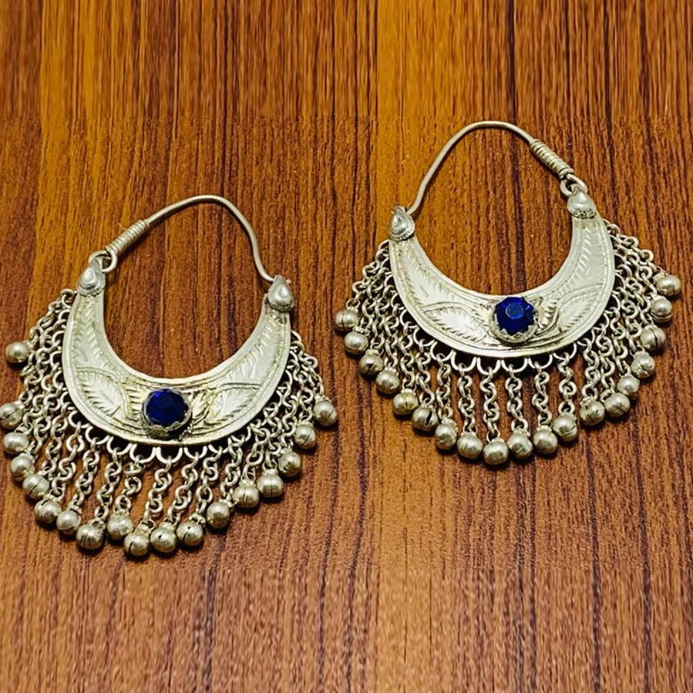 Kuchi Vintage Silver Earrings With Long Bells, Vintage Earrings With Blue Glass
